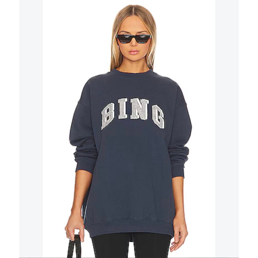 Anine Bing Tyler BING Varsity Chenille Oversized Sweatshirt Navy Slouchy Size XL - Picture 12 of 12